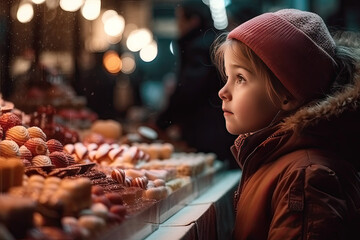 Portrait of Child on the street looking at Christmas showcase Christmas candies, cinematic lighting, Generative AI.
