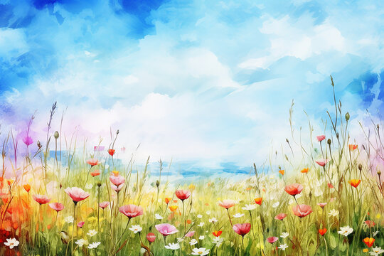 Beautiful wild flower field in countryside watercolor painting. Generative AI image.