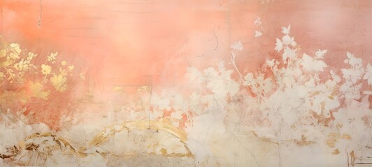 Distressed painted antique wall in coral pink and gold, golden shiny rococo ornaments. Beautiful decayed, weathered, teared luxury vintage surface., texture.