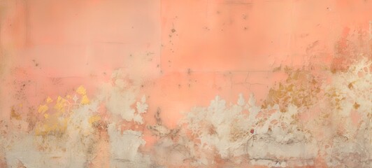 Distressed painted antique wall in coral pink and gold, golden shiny rococo ornaments. Beautiful decayed, weathered, teared luxury vintage surface., texture.