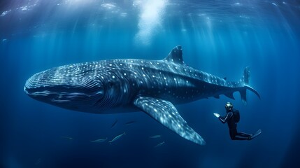 Person diving with whale in deep blue ocean.