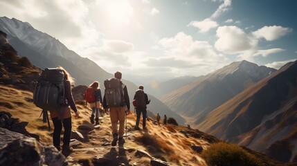 Group of people walking at the top of the mountain at sunrise view. - obrazy, fototapety, plakaty