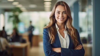 Business woman standing competently and smiling in open plan office - theme woman power, career or manager