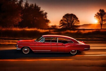 Fototapeta na wymiar Red vintage car on road in daytime, beautiful background - Generative AI