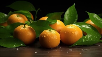 Illustration of a vibrant display of fresh oranges fruits with leaves on a wooden table