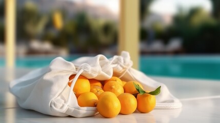 Fototapeta na wymiar Illustration of a bag of oranges next to a swimming pool
