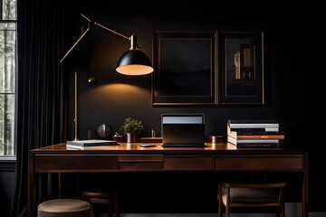 Interior design of a home office at night, with a desk and lamp - Generative AI