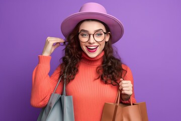Vibrant fashion shopping: confident brunette beauty in trendy outfit & stylish accessories on captivating purple background