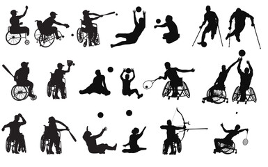 Set of 20 male athletes with disability vol.1. Cutout solid icons. Men sport player silhouettes vector illustration.