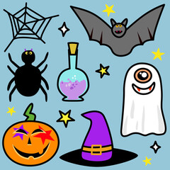 Happy Halloween Cute elements, ghost, pumpkin, bat and spider. Vector illustration in hand drawn style