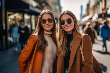 Two women shopping in the city, Captivating urban fashion: trendy women's shopping adventure in the vibrant cityscape
