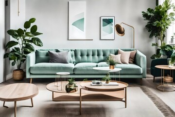modern living room with sofa and paintings on wall, luxury lifestyle, modern interior - Generative AI