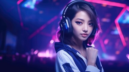 Professional videogame player Asian girl with headphones created with Generative AI.