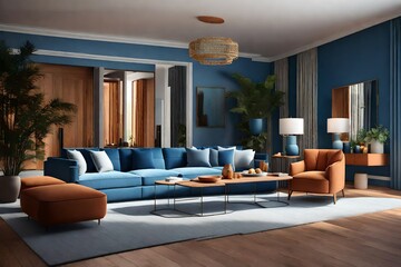 Obraz na płótnie Canvas living room interior with sofas , blue coloured expensive furniture, luxury lifestyle - Generative AI