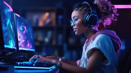 Fototapeta African girl playing professional videogames with headphones created with Generative AI. obraz