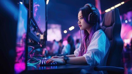 Obraz na płótnie Canvas Asian girl playing professional videogames with headphones created with Generative AI.