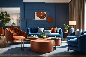 living room interior with sofas , blue coloured expensive furniture, luxury lifestyle - Generative AI