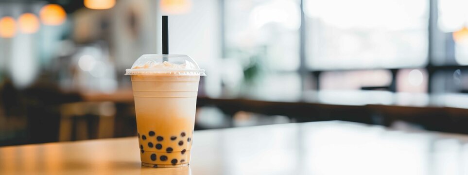 Bubble tea with milk and tapioca at a coffee shop created with Generative AI.