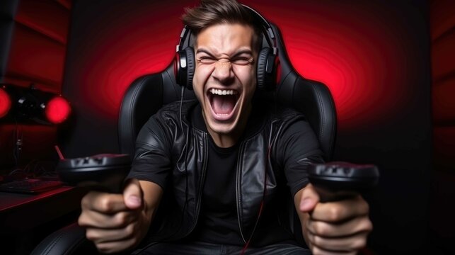 Caucasian excited man playing videogames with headphones created with Generative AI.