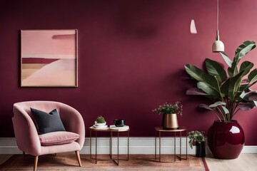 Interior view of a modern house with dark red/pink themed furniture - Generative AI