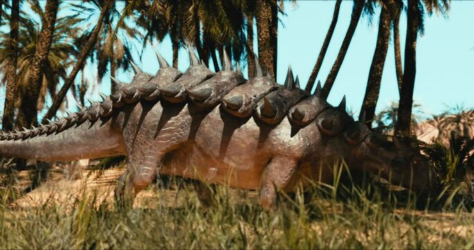 The herbivorous dinosaur Ankylosaurus is searching for sustenance.