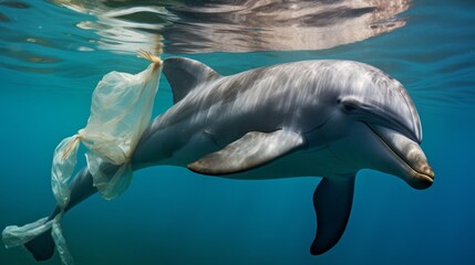 Dolphin trapped in a plastic bag, ocean pollution, plastic pollution, underwater photo