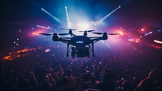 Top view of drone flying for taking video of concert crowd and music fanclub. Drone in concert.