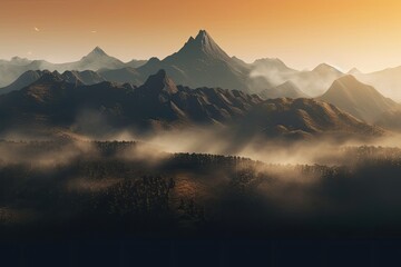 Mountain panorama at dawn with early morning fog