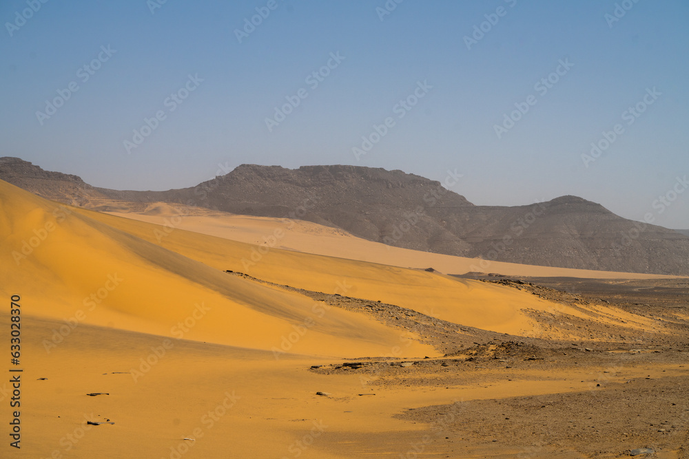 Wall mural view in the Sahara desert of Tadrart rouge tassili najer in Djanet City  ,Algeria.colorful orange sand, rocky mountains