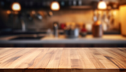 Empty  wood tabletop counter on kitchen interior in clean and bright background, Ready,Banner, for product montage,gen ai