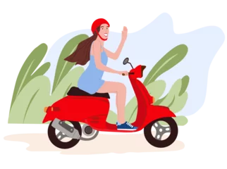 Foto op Plexiglas Happy girl sitting on modern red motor scooter in nature. Flat color vector illustration of +a happy girl on motorbike isolated on white background © Francesca