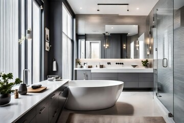 modern bathroom with towel ,shower and accessories - Generative AI