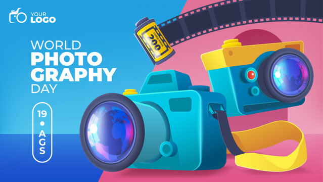 Cute and Colorful Cameras in World Photography Day Illustration Banner