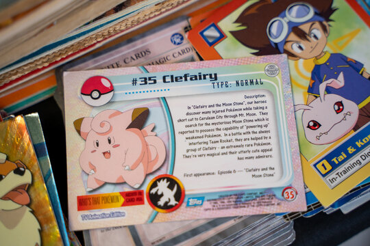 Clefairy, Pokemon playing cards at the flea market. Ankara, Turkey - August 6, 2023.