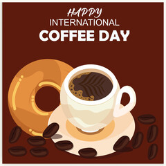 Cup of coffee with coffee beans decoration and sprinkle forming world map, banner, poster, greeting card vector