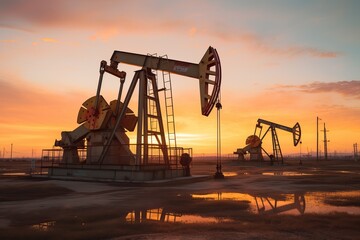 Oil pumps and rig at sunset. Pumpjack silhouettes.