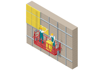 Isometric External Wall Insulation System, Building Facade Insulation Works. Styrofoam facade layers. Worker in Hardhat Holding Outdoor Wall Tile