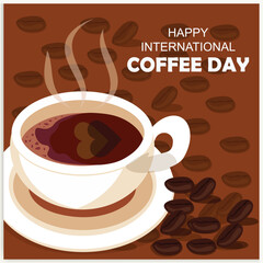 Cup of coffee with coffee beans decoration and sprinkle forming world map, banner, poster, greeting card vector