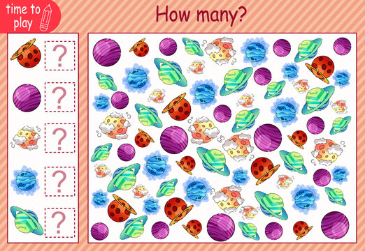 math card for children. the study of numbers. children's logic problems. figures for children. number. funny planets. numerical planets. count the planets and write down their number