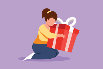 Graphic flat design drawing of cheerful little girl sitting and hugging big gift box with ribbon bow wrapped in front of her in arms. Little kid accept birthday gift. Cartoon style vector illustration