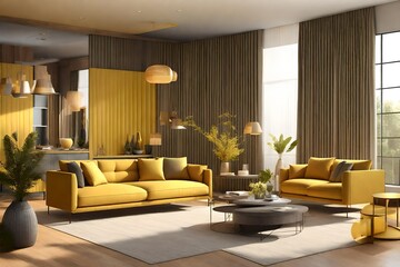 modern living room with yellow themed furniture, beautiful interior, luxury lifestyle - Generative AI