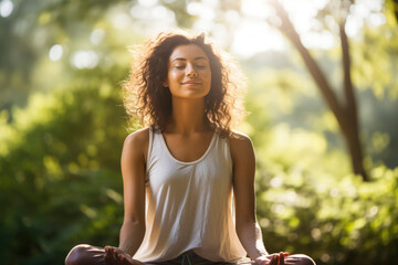 woman sitting  in the park in meditation posing, natural lighting, lifestyle, peace, healing 