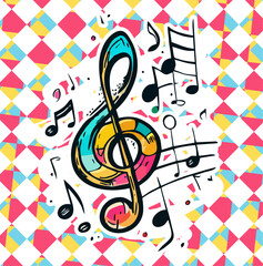 A colorful drawing of a treble clef with the word music on it