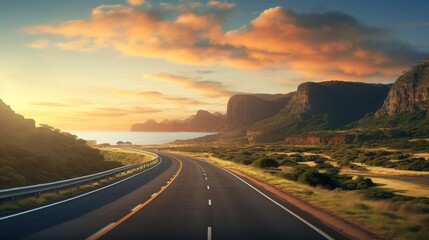 Landscape with country road, empty asphalt road on sunset background. Multicolor vibrant outdoors horizontal image, Generative AI illustration