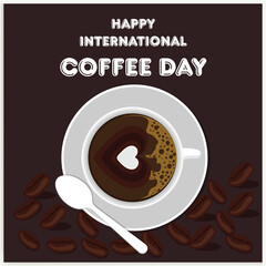 Cup of coffee with coffee beans decoration and sprinkle forming world map, banner, poster, greeting card vector