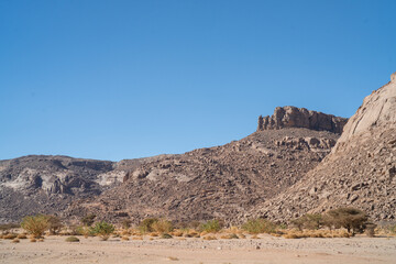 view in the Sahara desert of Tadrart rouge tassili najer in Djanet City  ,Algeria.colorful orange sand, rocky mountains
