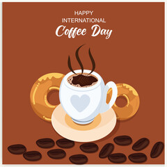 Cup of coffee with coffee beans decoration and sprinkle forming world map, banner, poster, greeting card vector