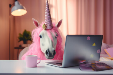 A pink unicorn is working on a laptop. - obrazy, fototapety, plakaty