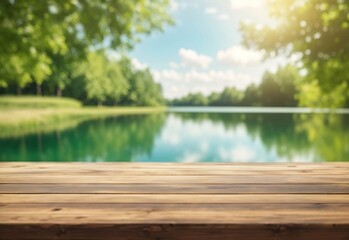 The empty wooden table top with blur summer lakes green forest background