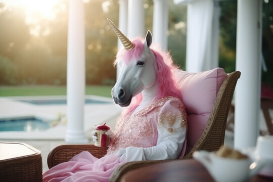 A pink unicorn is drinking tea while sitting in a chair in the backyard.